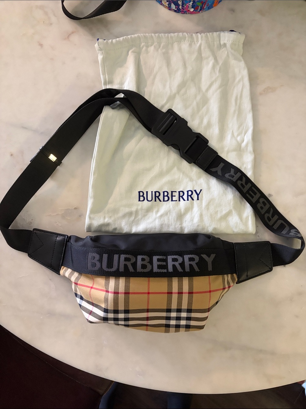Burberry Tan Check Logo Belt Bag with Black Strap